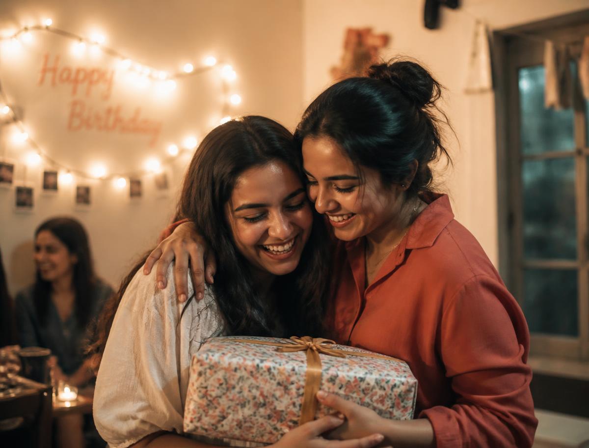 Duas amigas se abraçando ao entregar um presente de aniversário