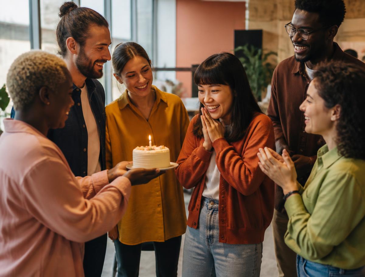 Colegas de trabalho surpreendendo uma pessoa com bolo de aniversário no escritório