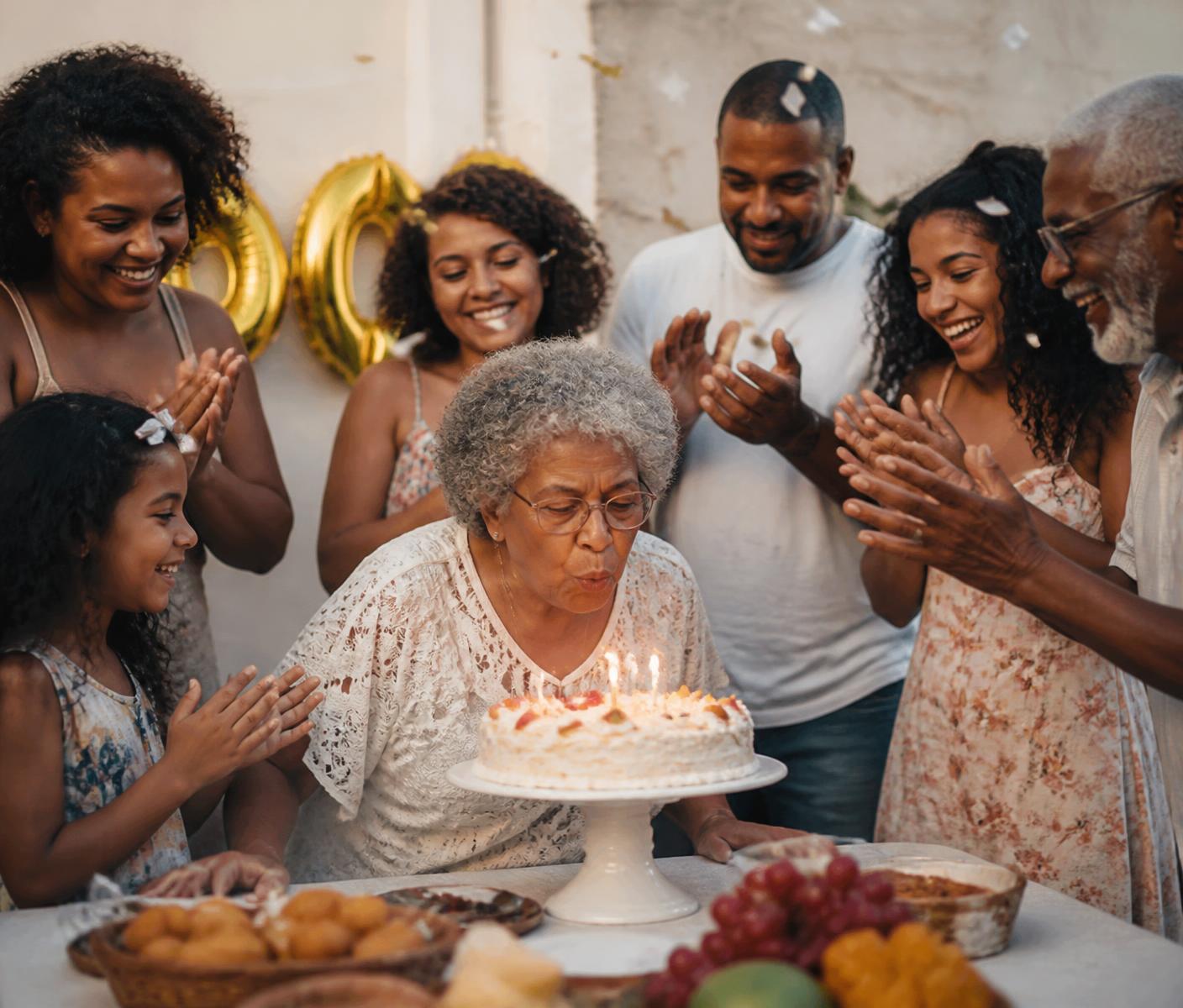 Família reunida comemorando o aniversário da avó com bolo e velas